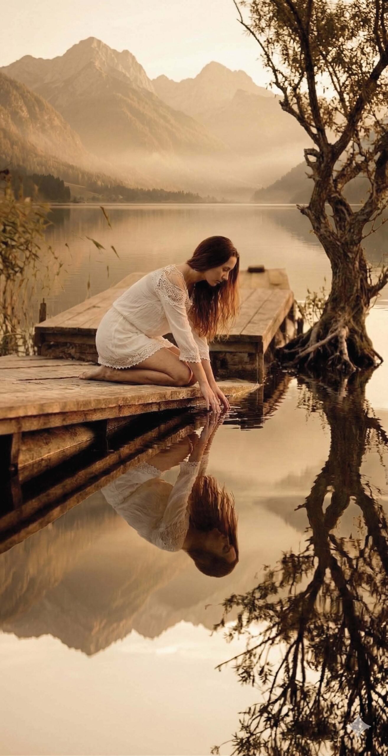 ilustración, mujer observando su reflejo en el lago